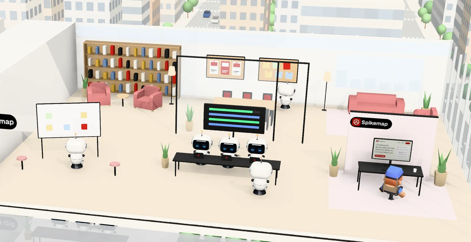 Spikemap’s office on floor 11 of Tower 1: the owner’s desk with the website on screen, the agents’ bench, a meeting room and a library